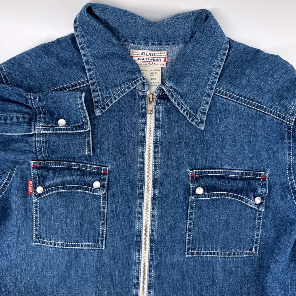 Vintage At Last Jeanswear Large Blue Denim Pearl‎ Snap Full Zip Jacket Shirt
